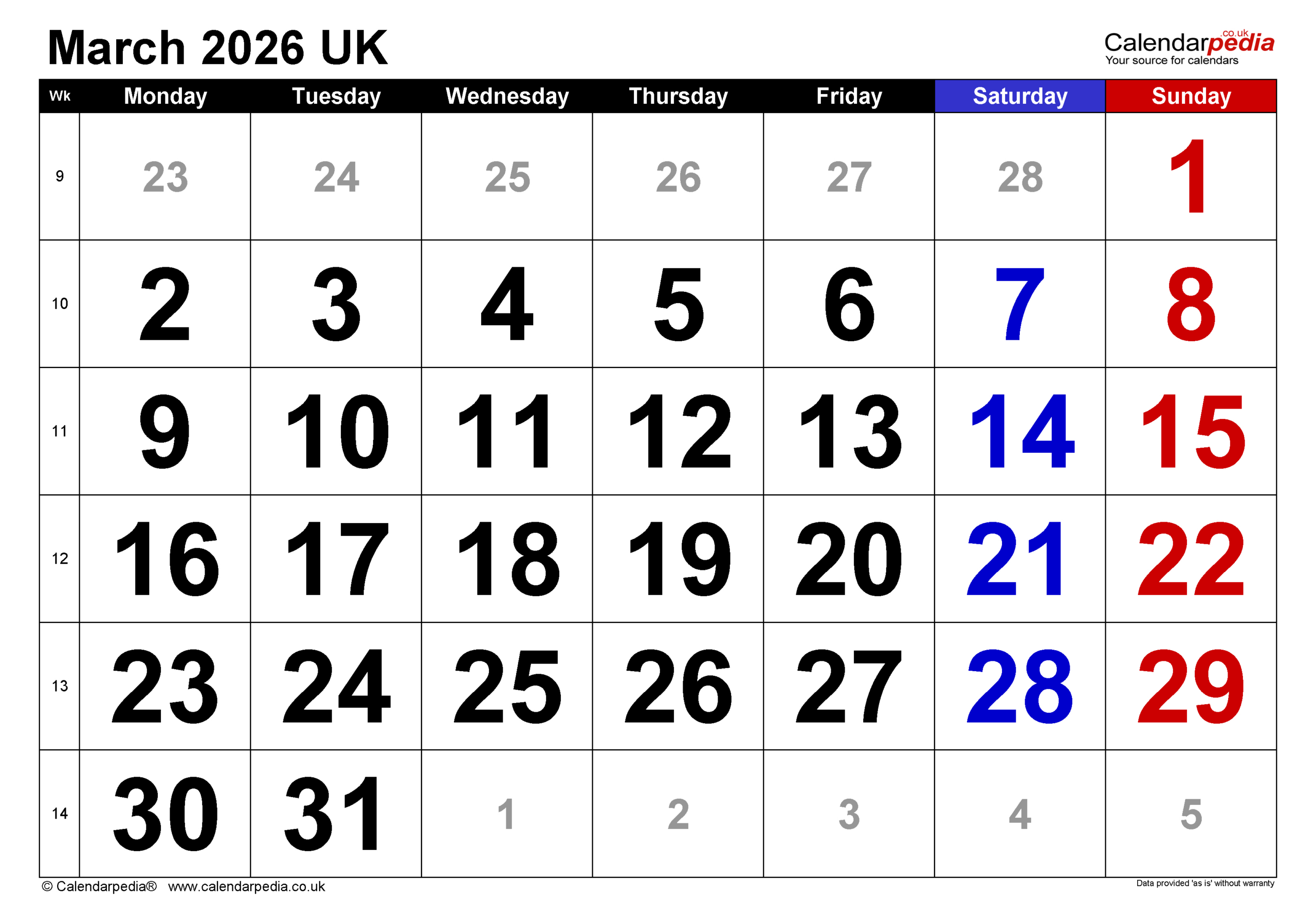 Calendar March 2026 Uk With Pdf, Excel And Word Templates with regard to March Calendar 2026 UK