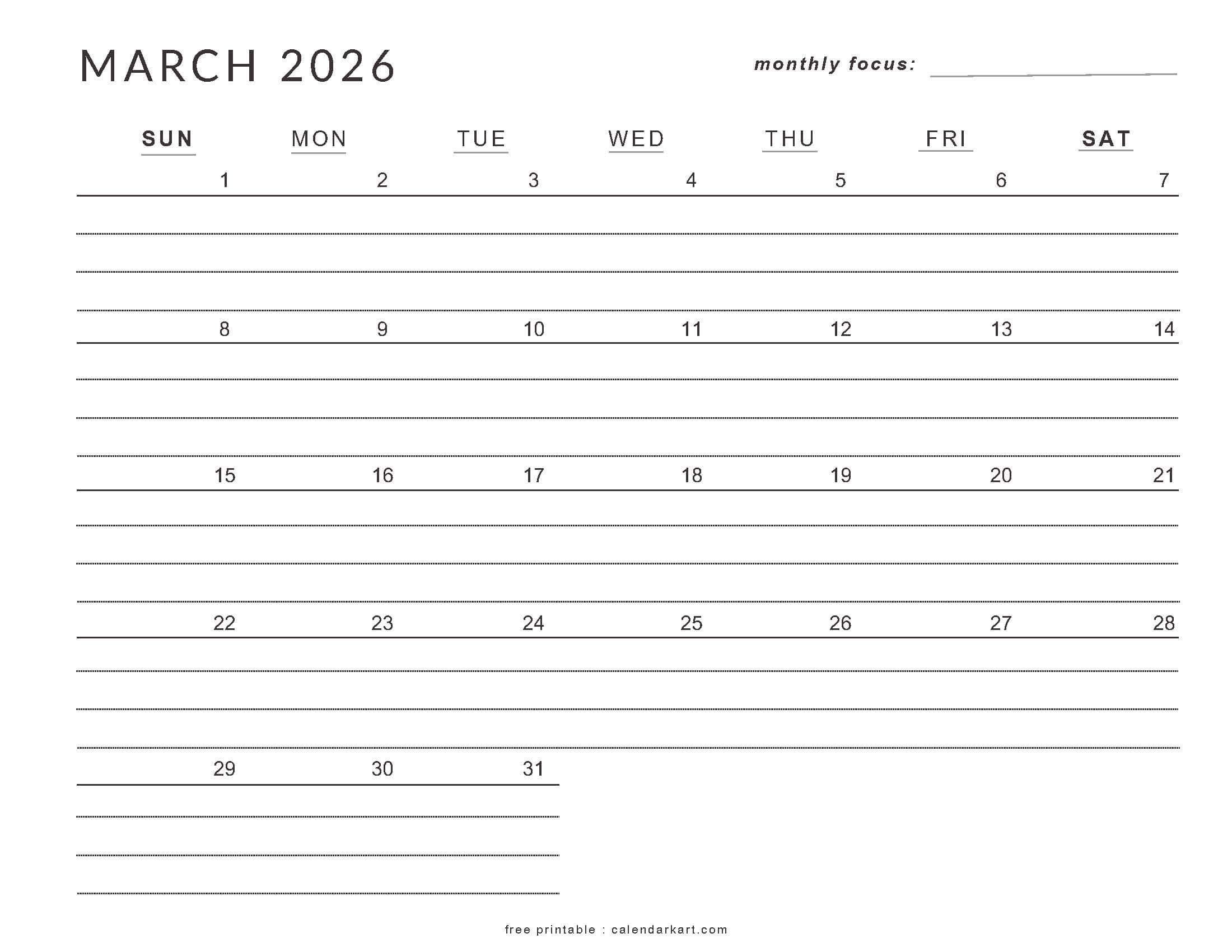 Download Free Printable March 2026 Calendar | Calendarkart throughout March Calendar 2026 General Blue