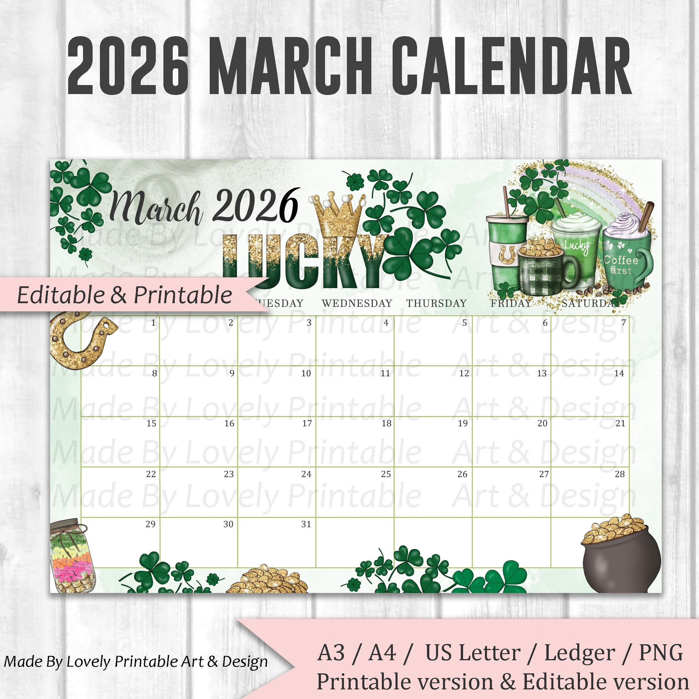 Editable March 2026 Calendar, Happy St. Patrick'S Day Planner for March Calendar 2026 Nz