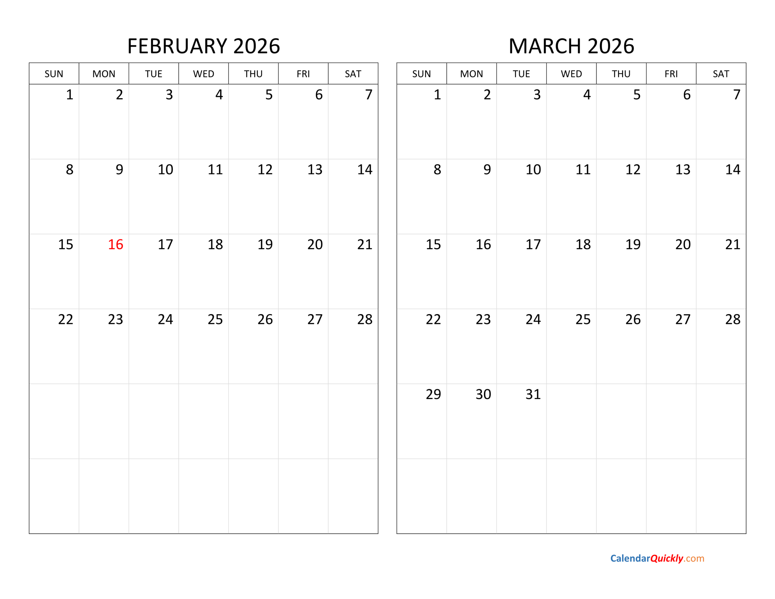 February And March 2026 Calendar | Calendar Quickly within Feb March Calendar 2026