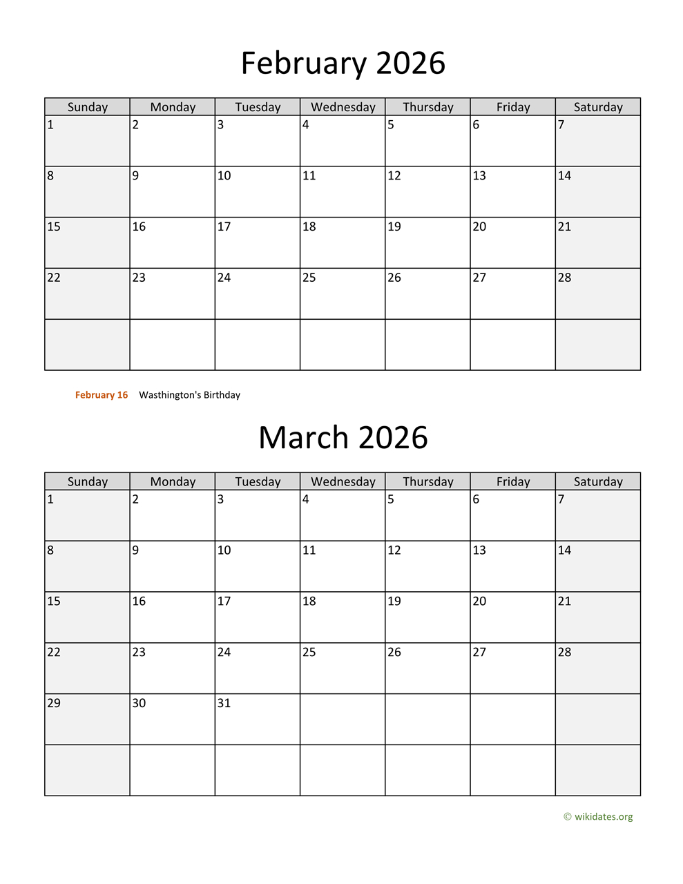 February And March 2026 Calendar | Wikidates in February and March Calendar 2026