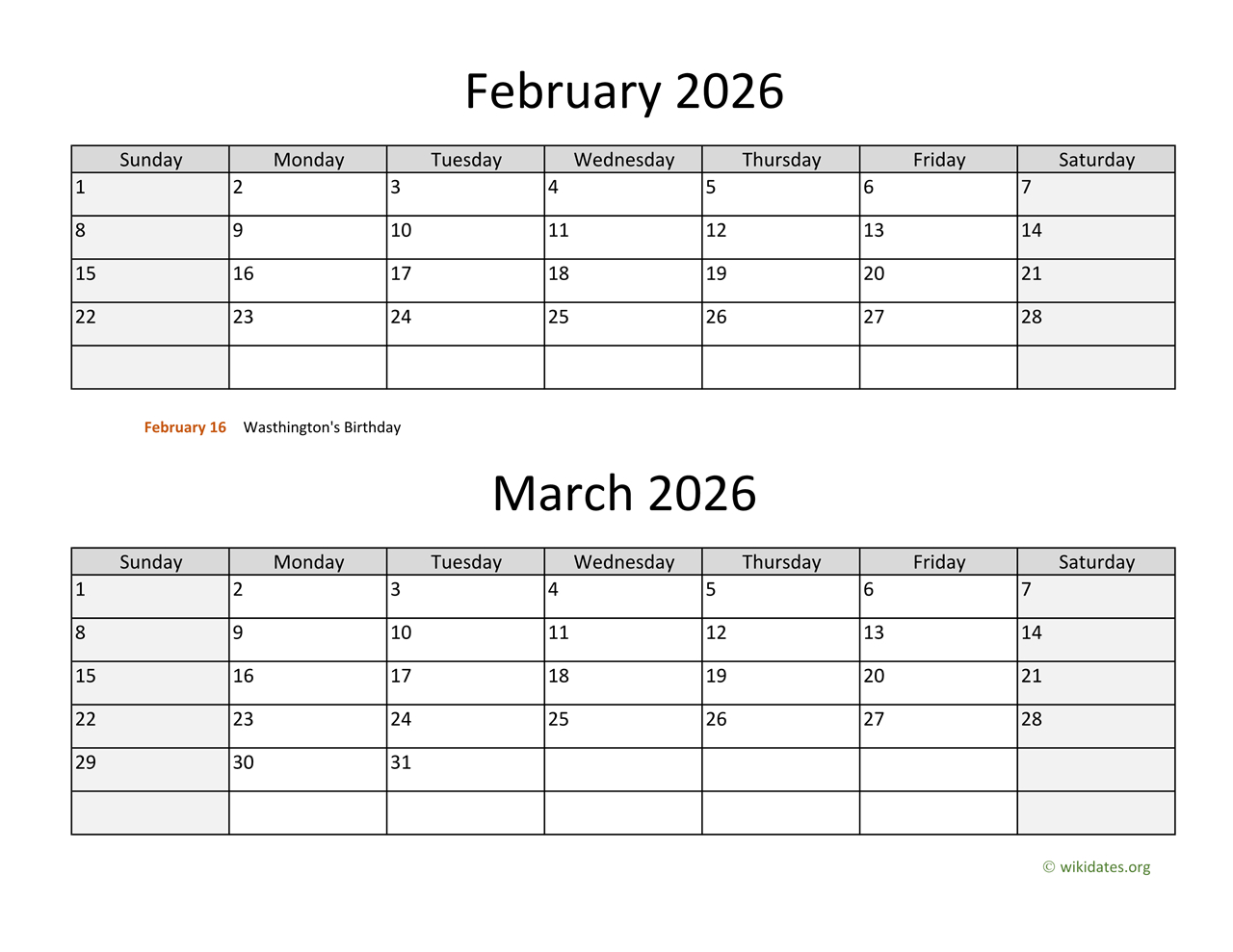 February And March 2026 Calendar | Wikidates inside February March April 2026 Calendar