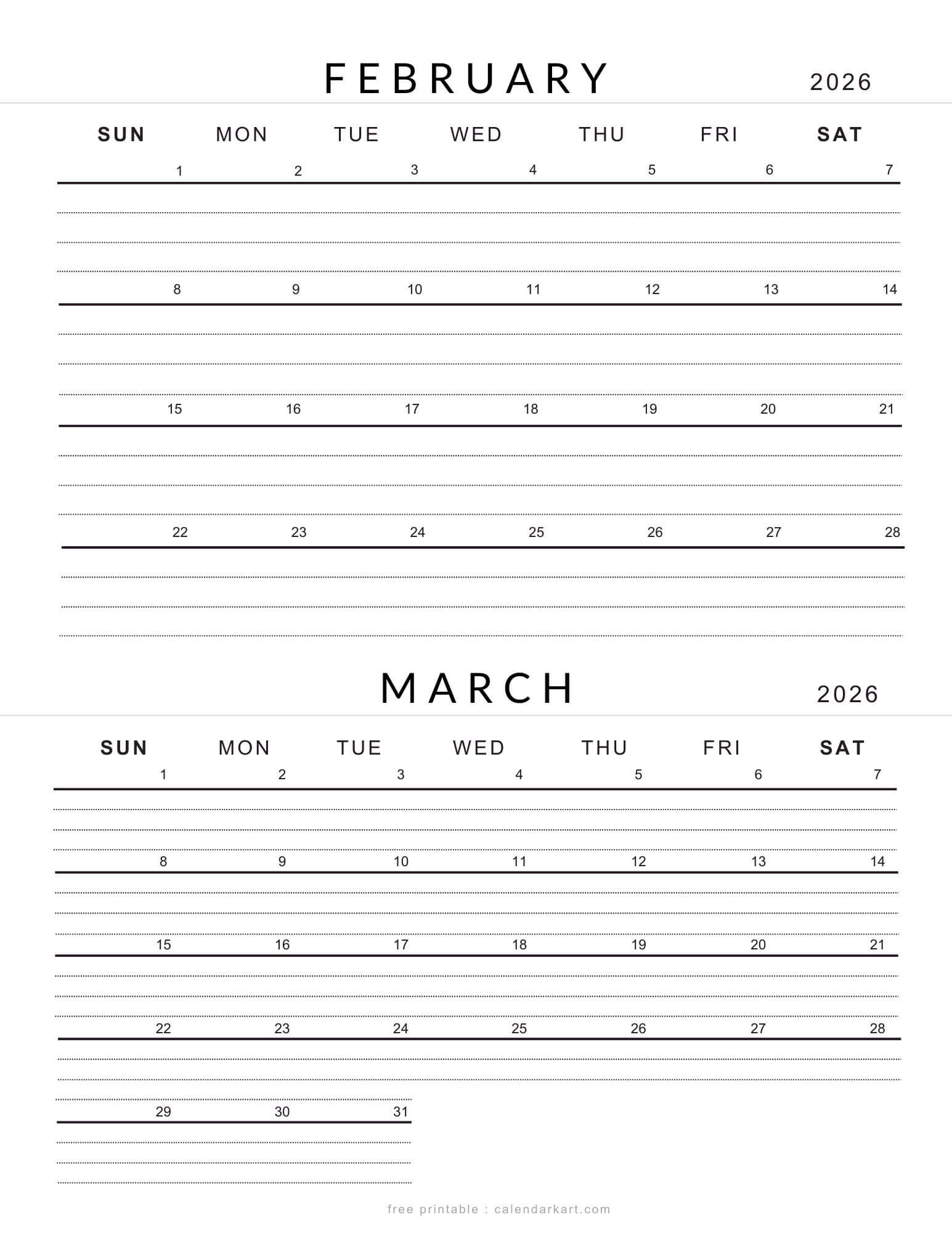 February March 2026 Calendars - Free Printable Pdfs - Calendarkart intended for February March 2026 Printable Calendar