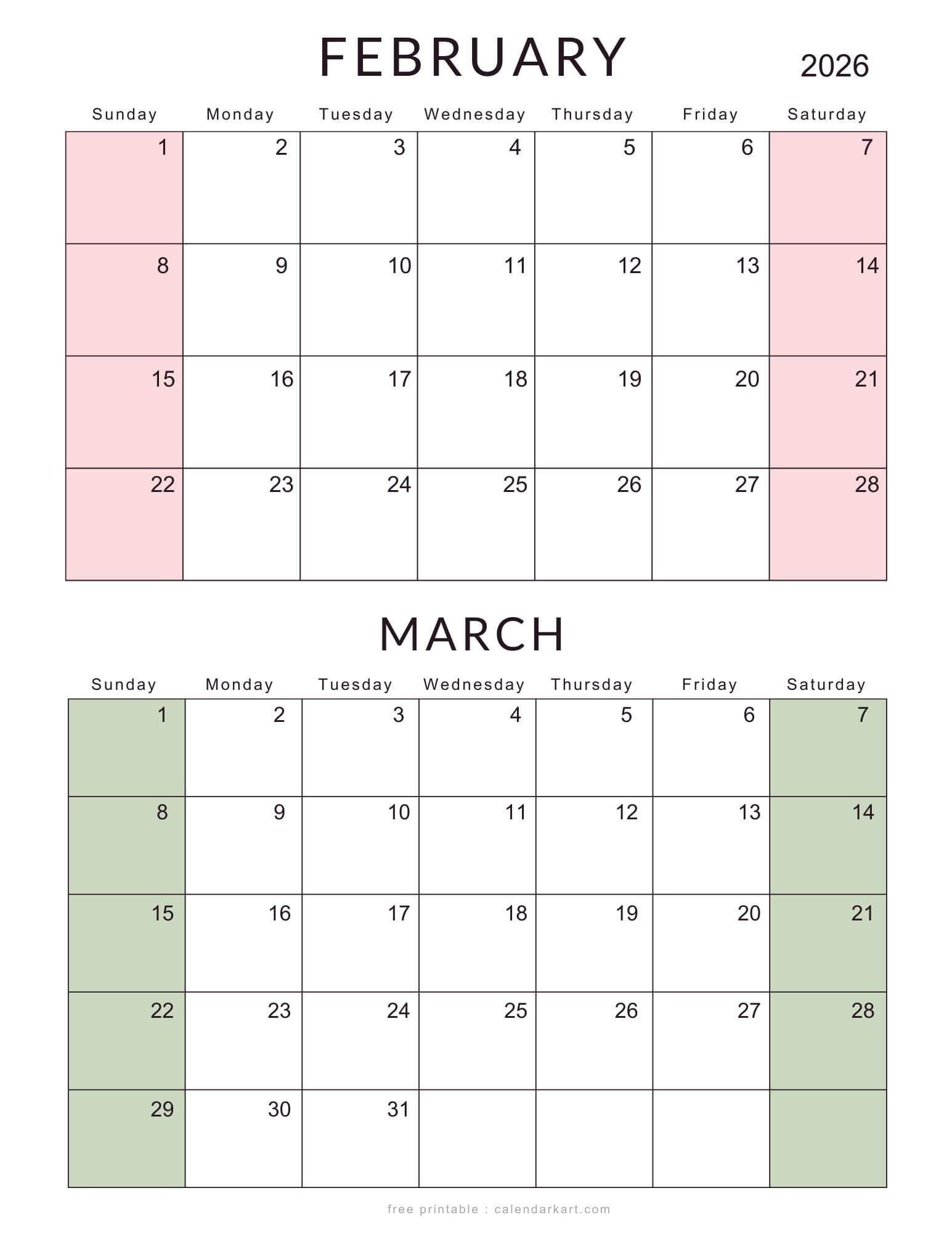 February March 2026 Calendars - Free Printable Pdfs - Calendarkart pertaining to February March 2026 Printable Calendar