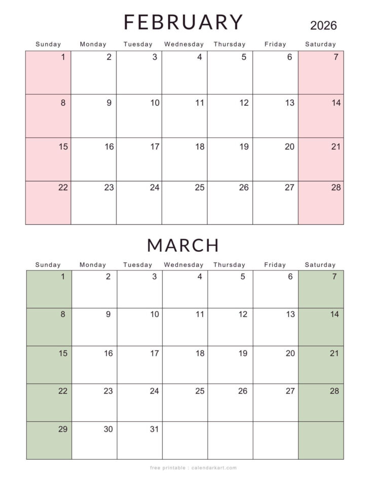February March Calendar 2026 Printable