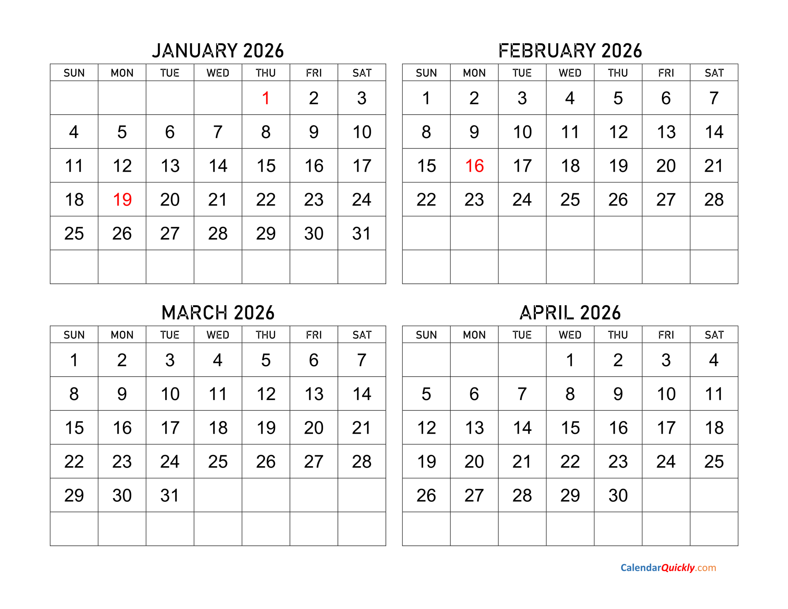 Four Months 2026 Calendar | Calendar Quickly in November 2026 To March 2026 Calendar