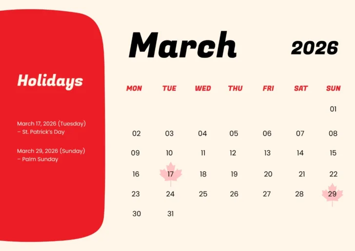 March Calendar 2026 Canada March Calendar 2026 Canada