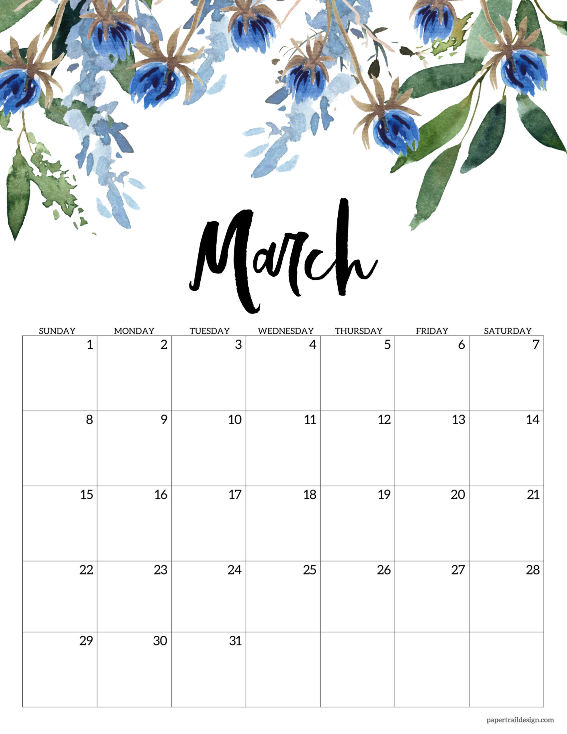 Free Printable Floral Calendar 2026 - Paper Trail Design for March Calendar 2026 Nz