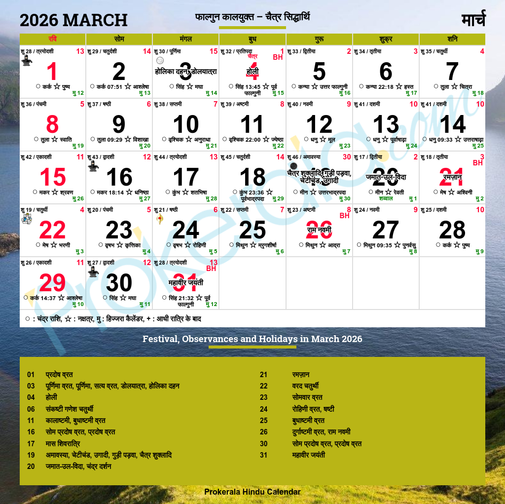 Hindu Calendar 2026, March inside March Calendar 2026 with Holidays