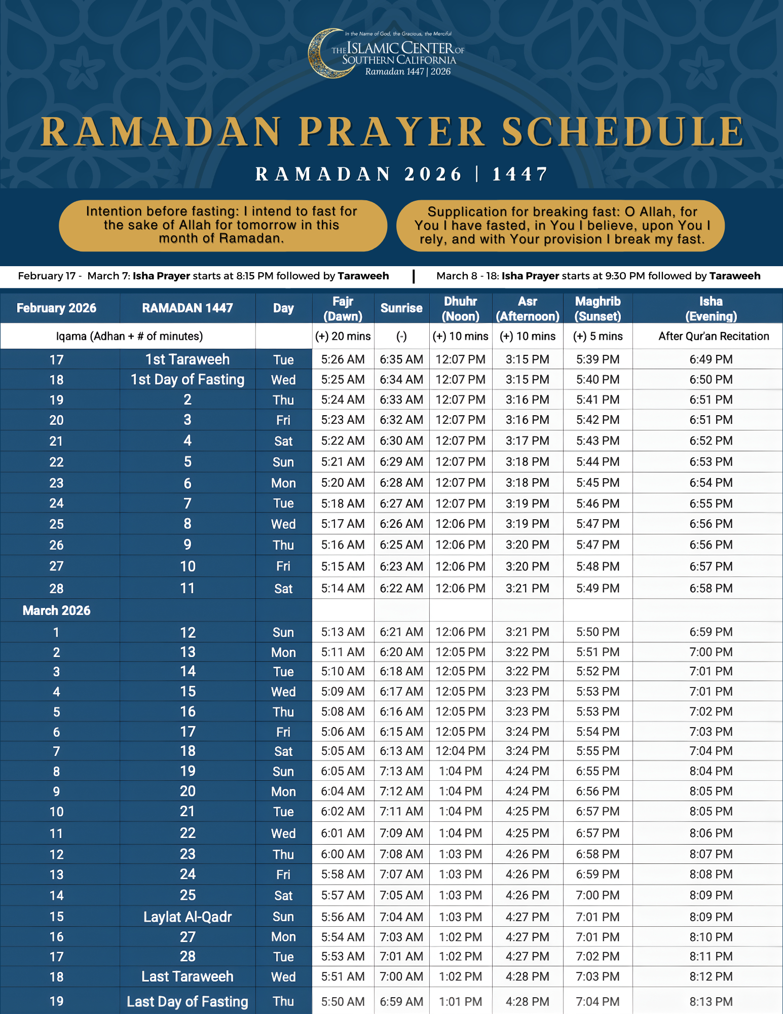 Icsc Ramadan 2026 | 1447 - Islamic Center Of Southern California within Ramadan Calendar 2026 California