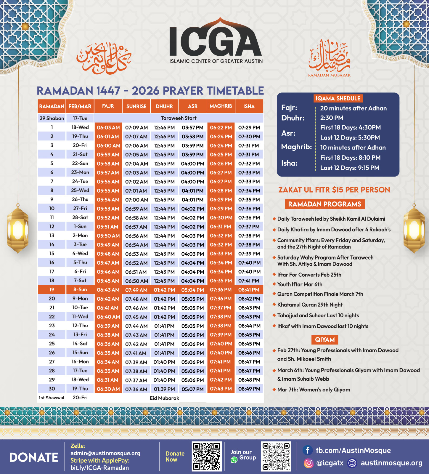 Islamic Center Of Greater Austin (Icga) with regard to Ramadan 2026 Calendar Austin Tx