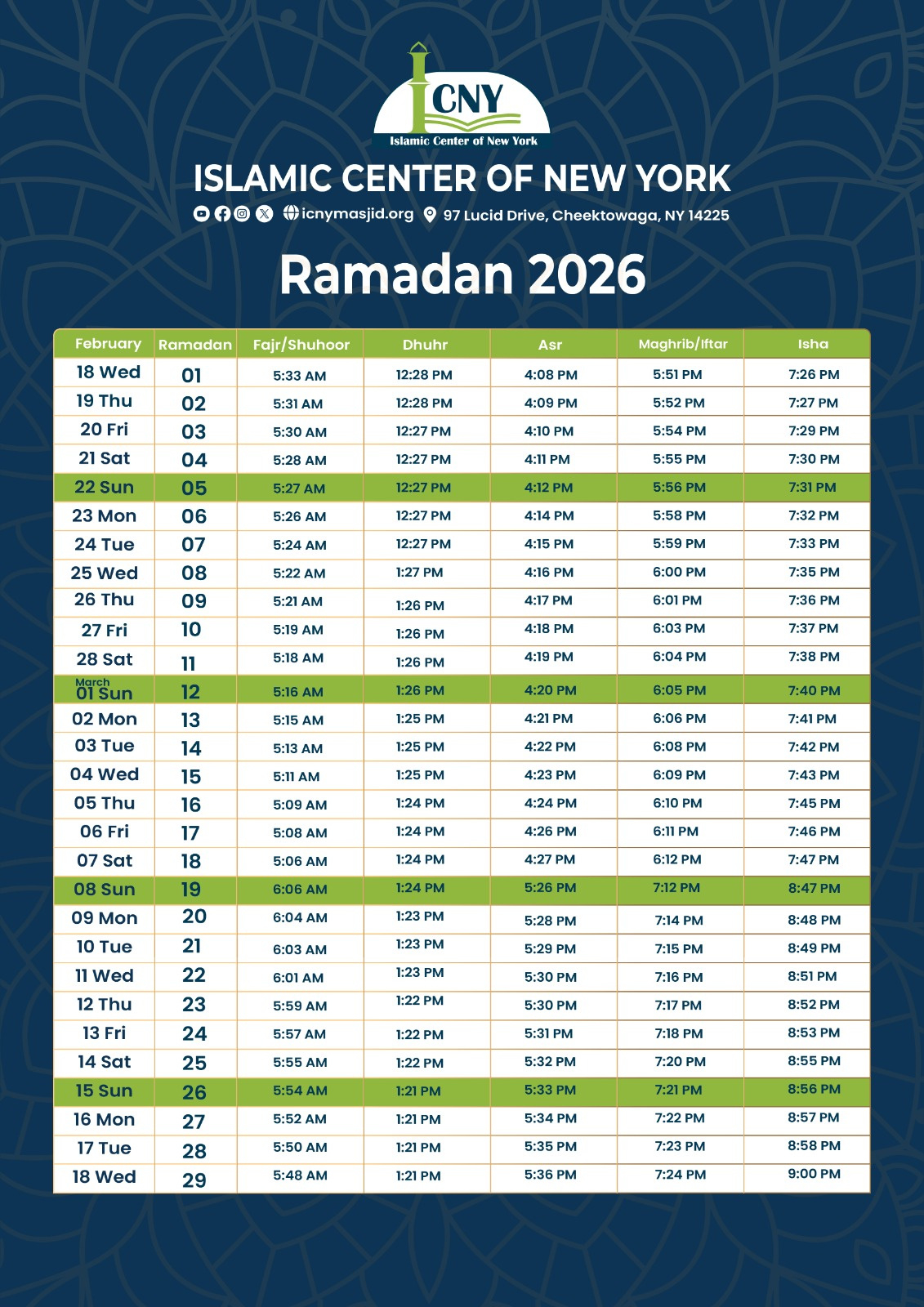 Islamic Center Of New York in Ramadan Calendar 2026 Buffalo Ny