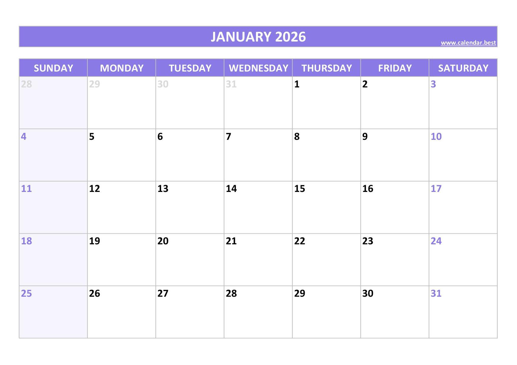 January 2026 Calendar -Calendar.best intended for Printable Calendar 2026 January To March