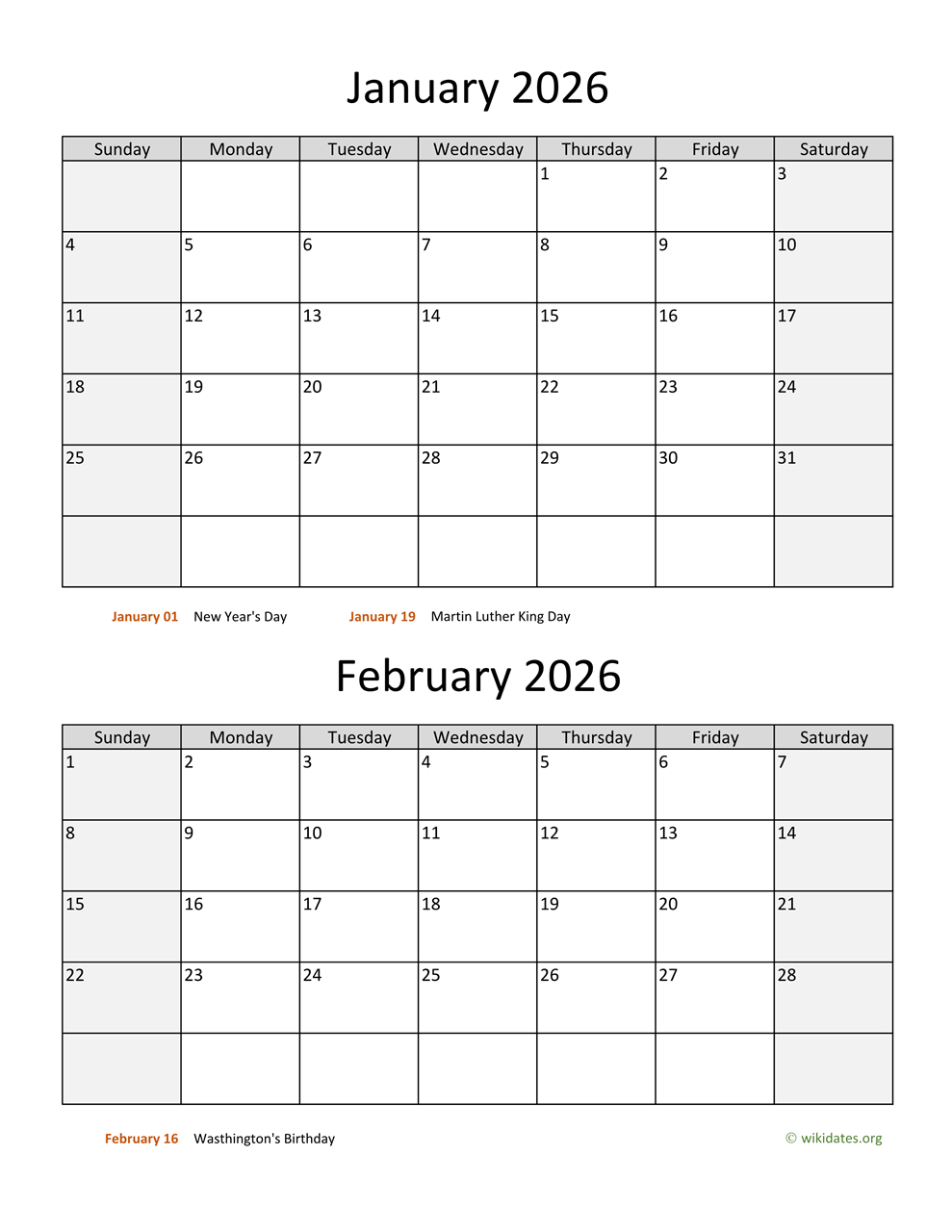 January And February 2026 Calendar | Wikidates in January Feb March 2026 Calendar