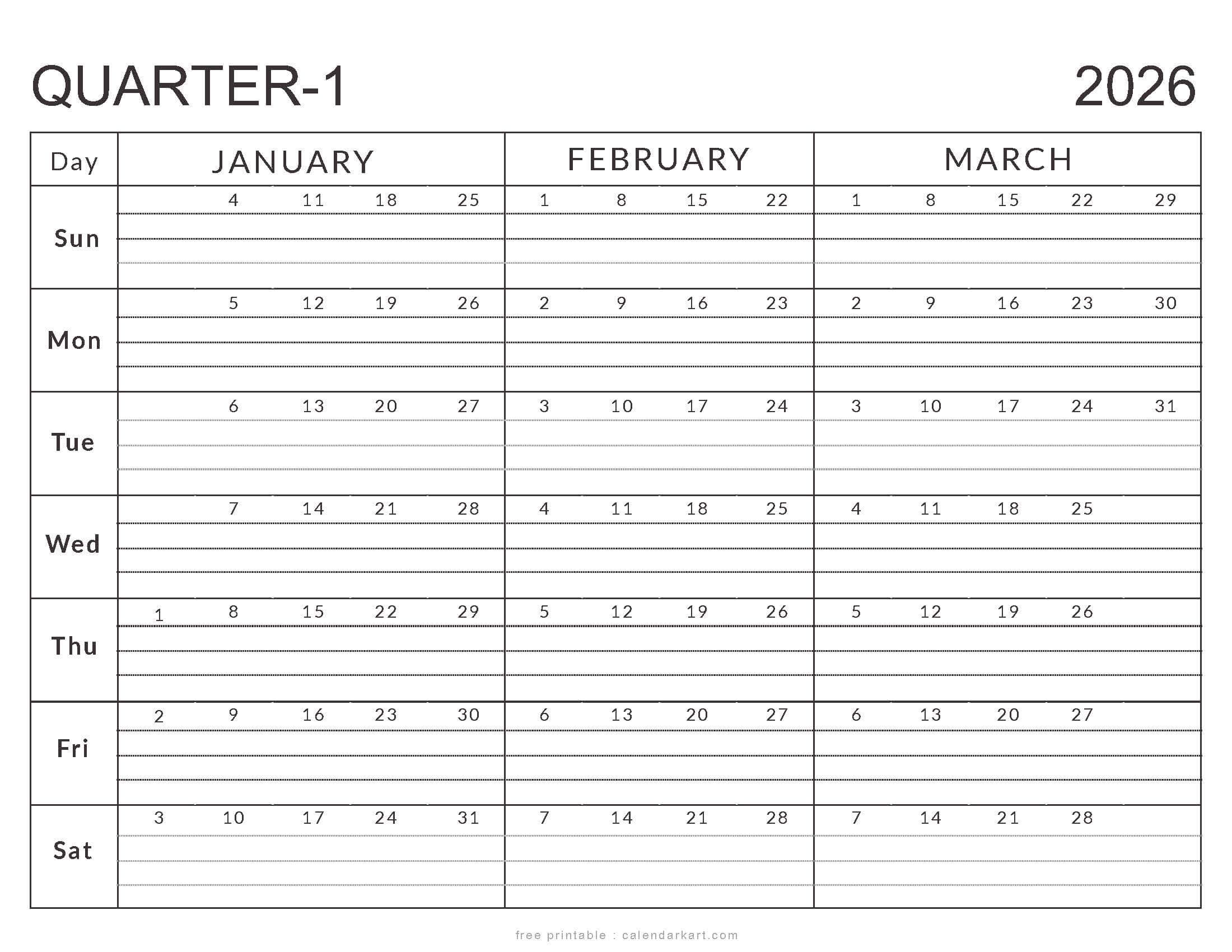 January-March 2026 Calendar - Q1 Planner Templates - Calendarkart intended for Printable Calendar Jan Feb March 2026