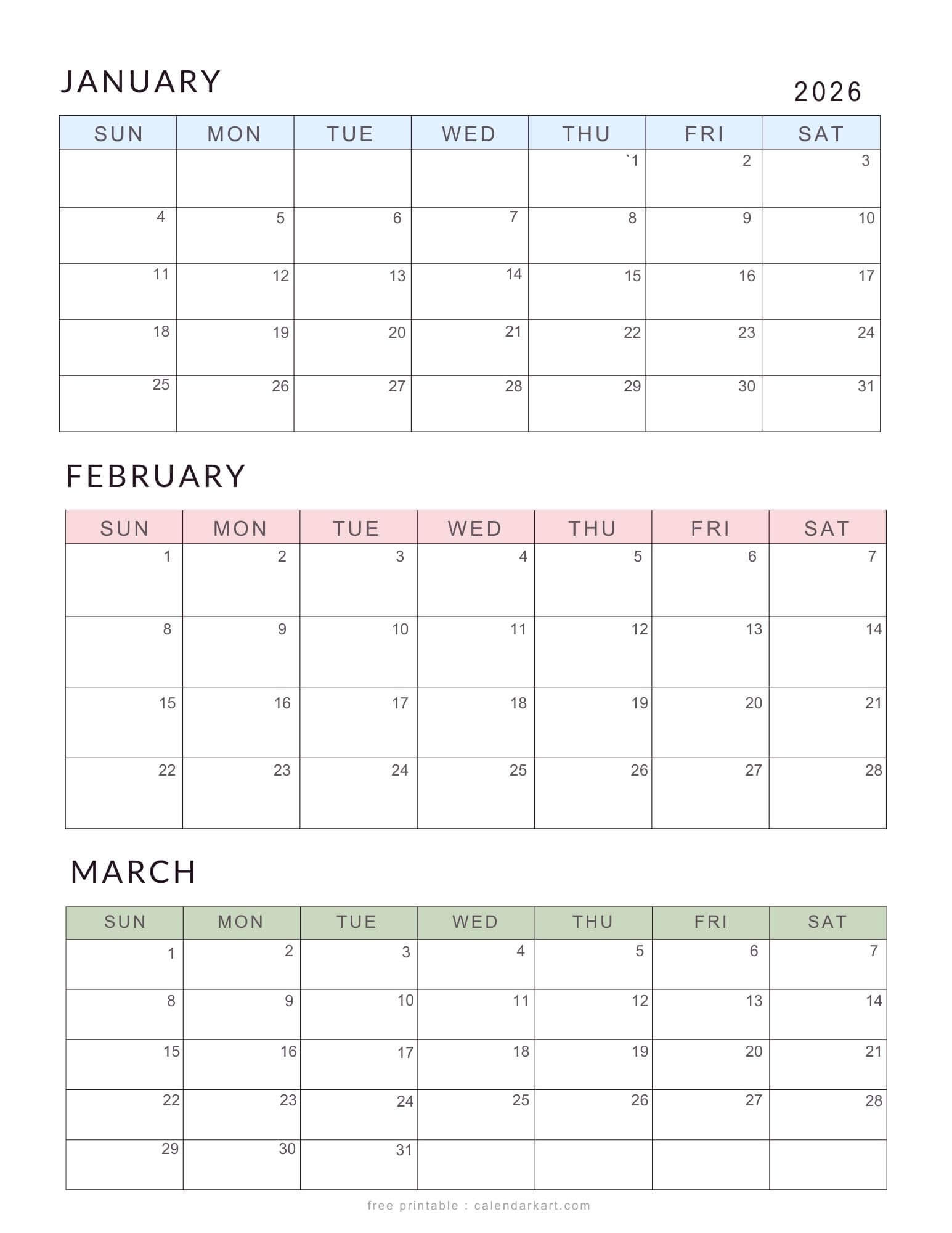 January-March 2026 Calendar - Q1 Planner Templates - Calendarkart pertaining to January March 2026 Printable Calendar