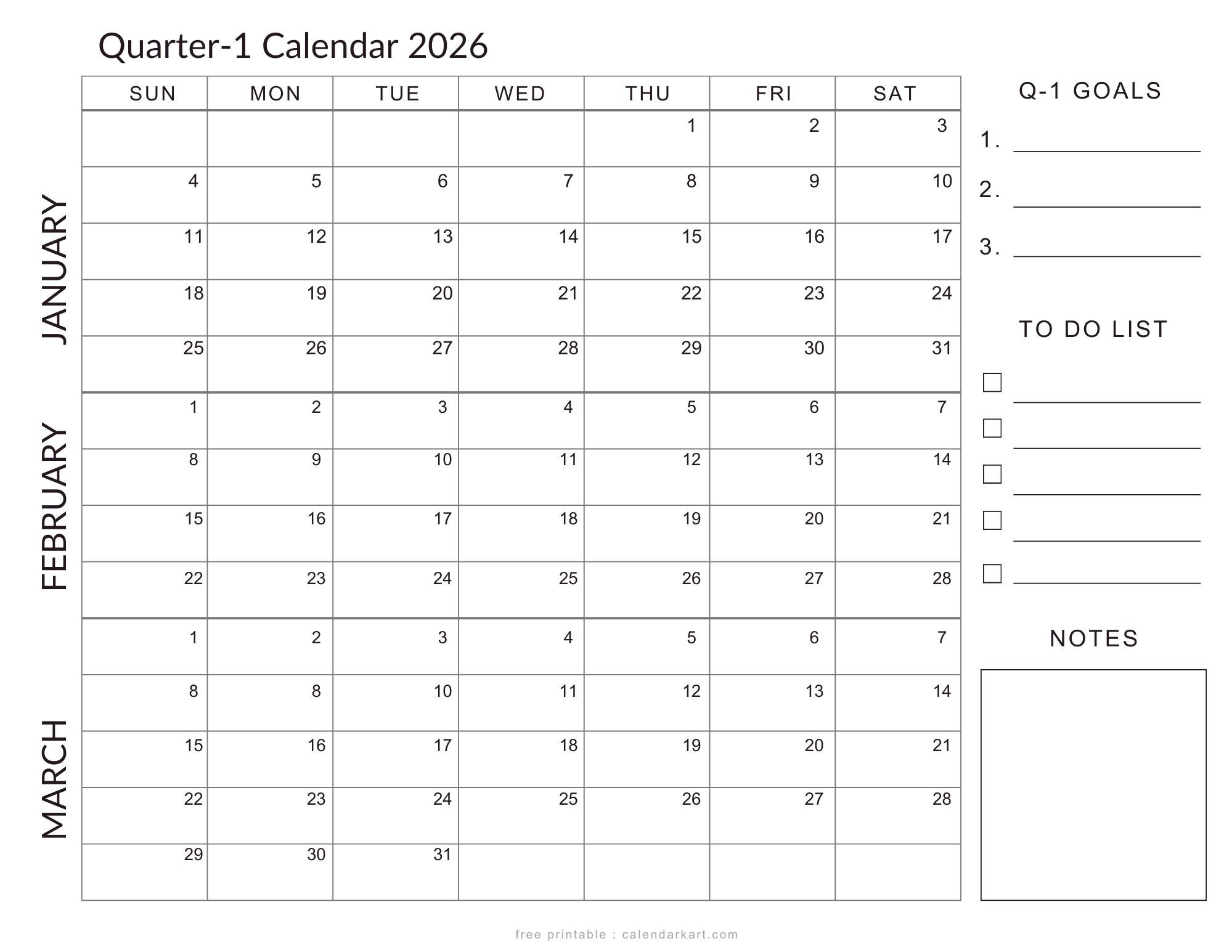 January-March 2026 Calendar - Q1 Planner Templates - Calendarkart with January March 2026 Printable Calendar