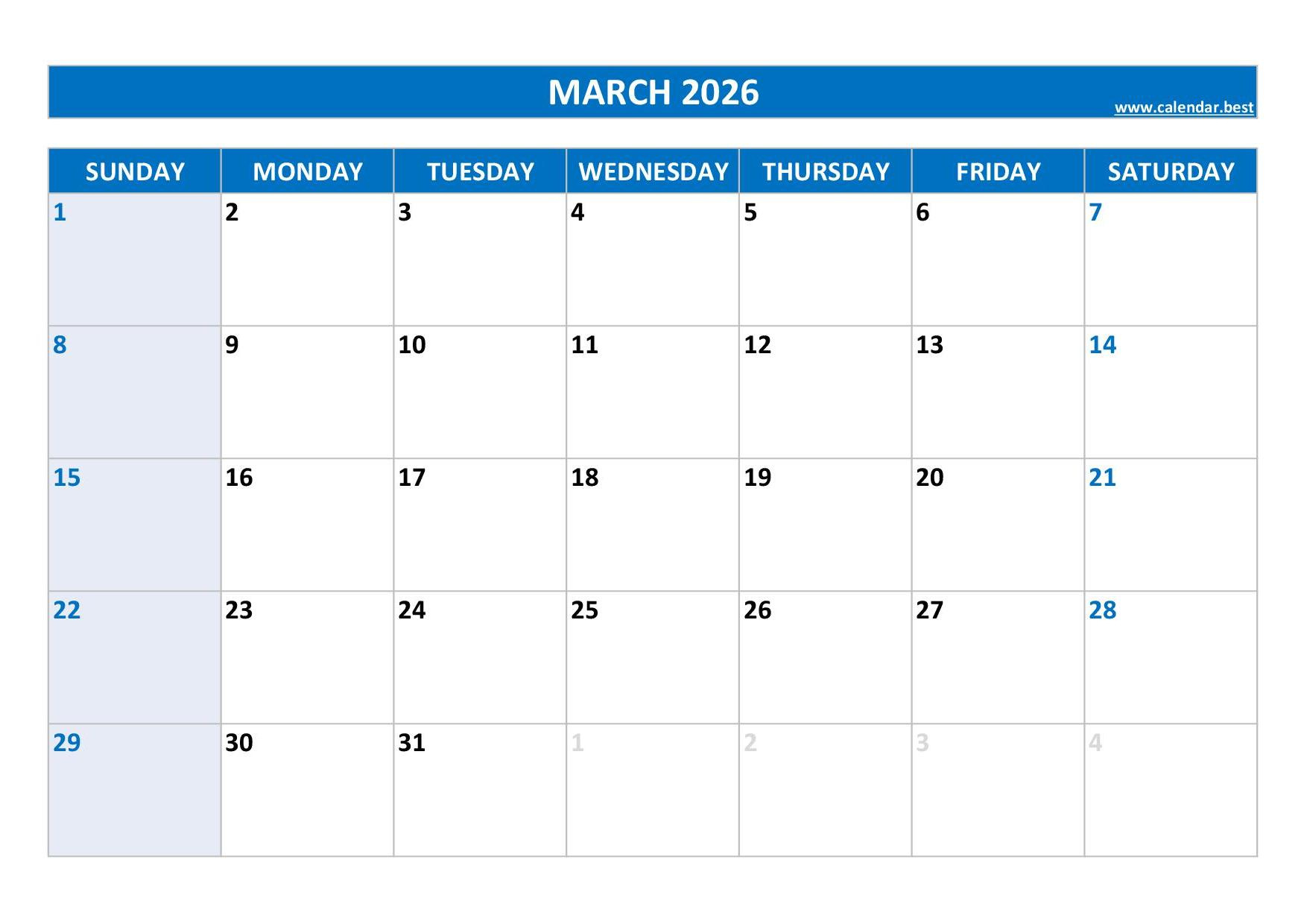March 2026 Calendar -Calendar.best inside March 2026 Printable Calender