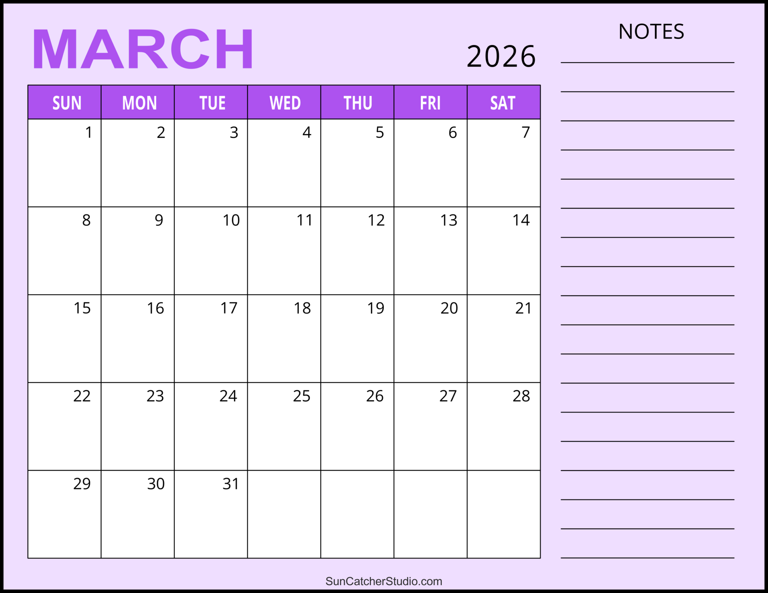 March 2026 Calendar (Free Printable) – Free Printables, Lettering regarding March 2026 Calendar Printable With Lines