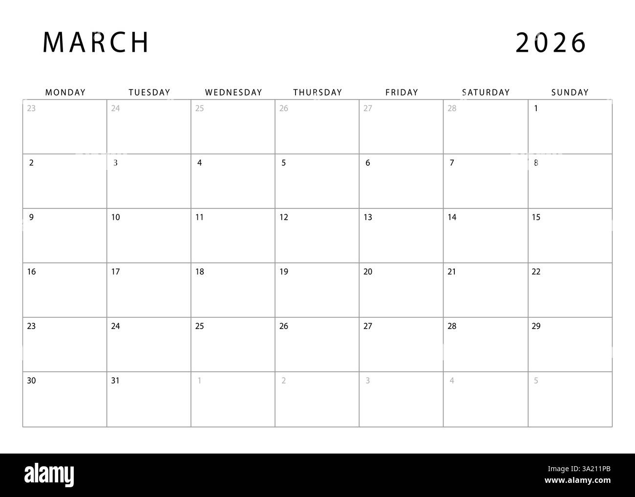 March 2026 Calendar. Monthly Planner Template. Monday Start for Printable Calendar March 2026 Starting Monday