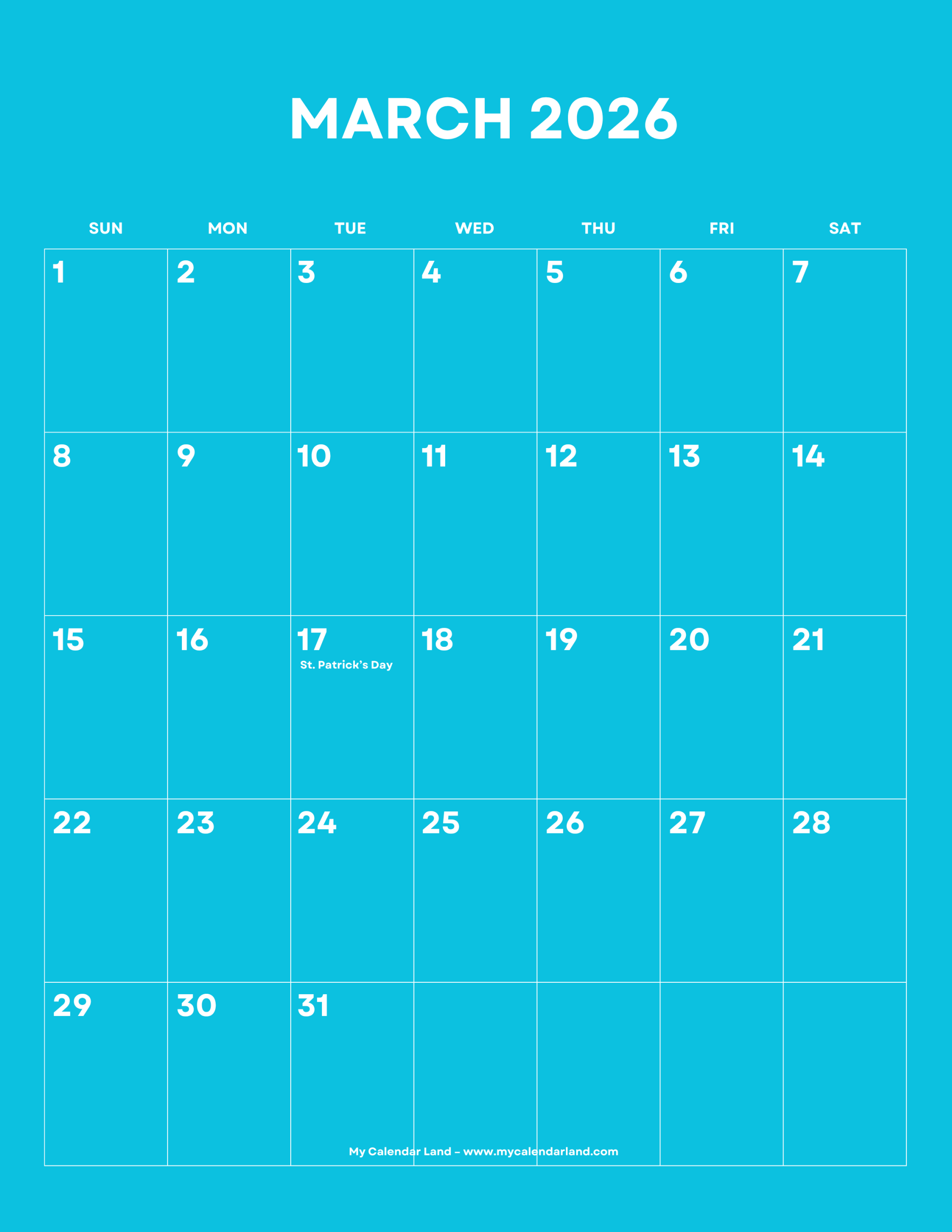 March 2026 Calendar – My Calendar Land in March Calendar 2026 General Blue