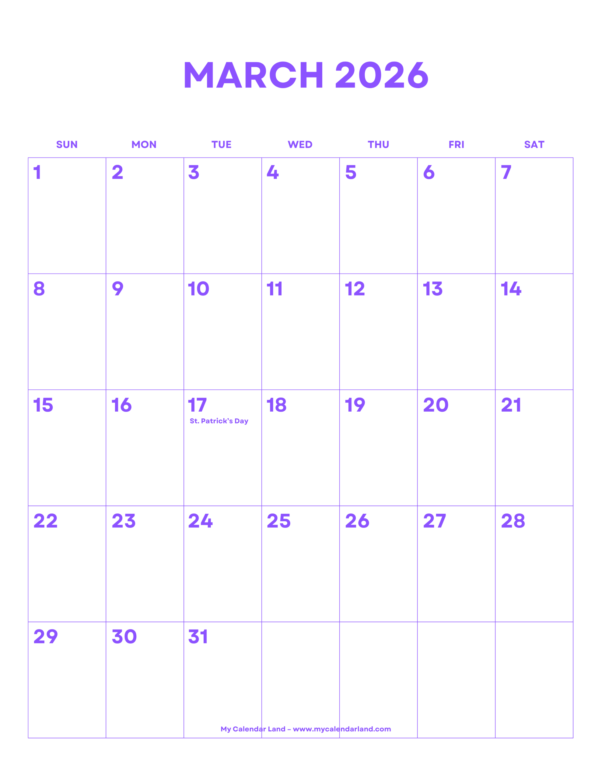 March 2026 Calendar – My Calendar Land inside March 2026 Calendar Printable Vertical