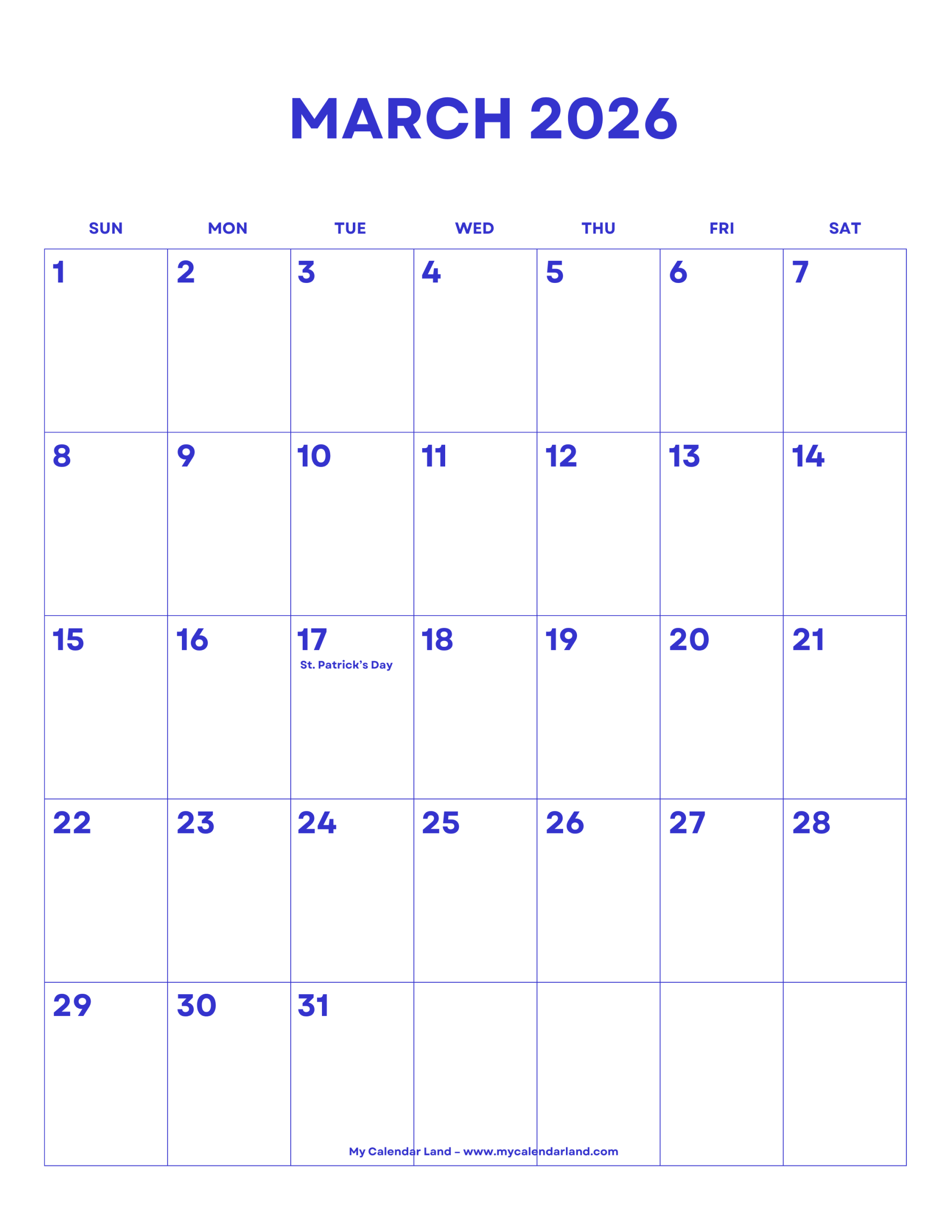 March 2026 Calendar – My Calendar Land pertaining to March Calendar 2026 General Blue