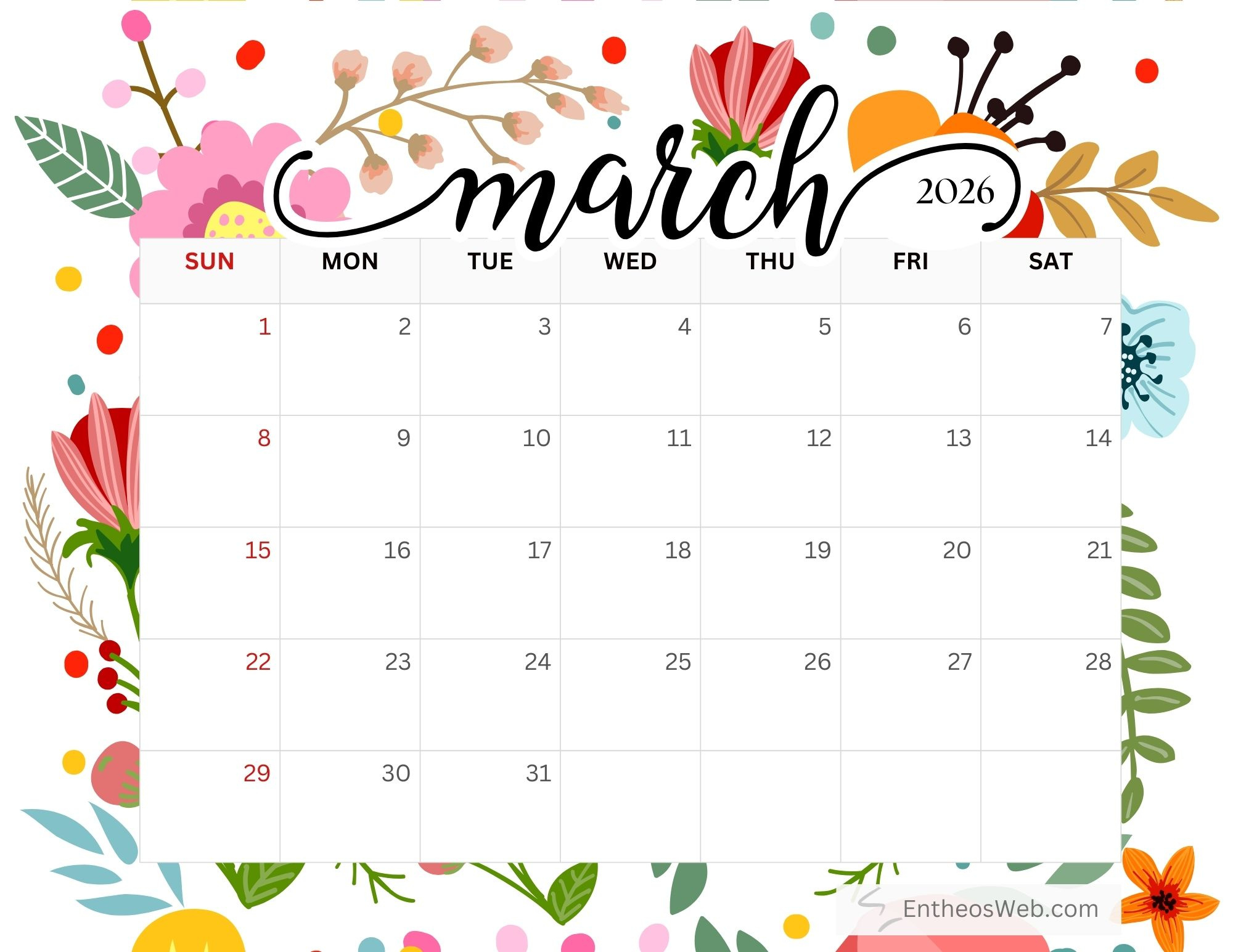 March 2026 Calendar Printables » Entheosweb regarding March 2026 Calendar Wallpaper
