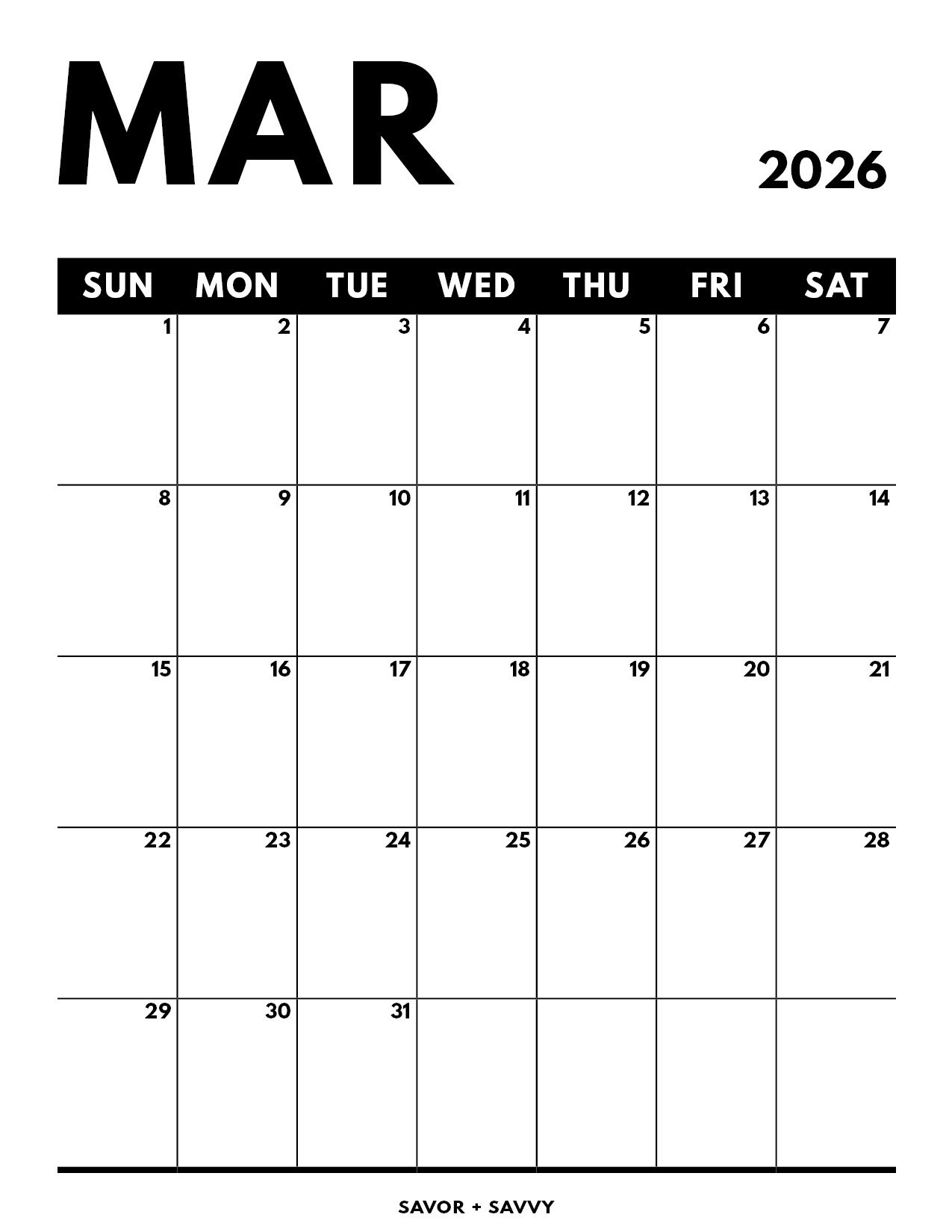 March 2026 Calendar Templates - 14 Free Printables - Savor + Savvy for March Calendar 2026 Vertical