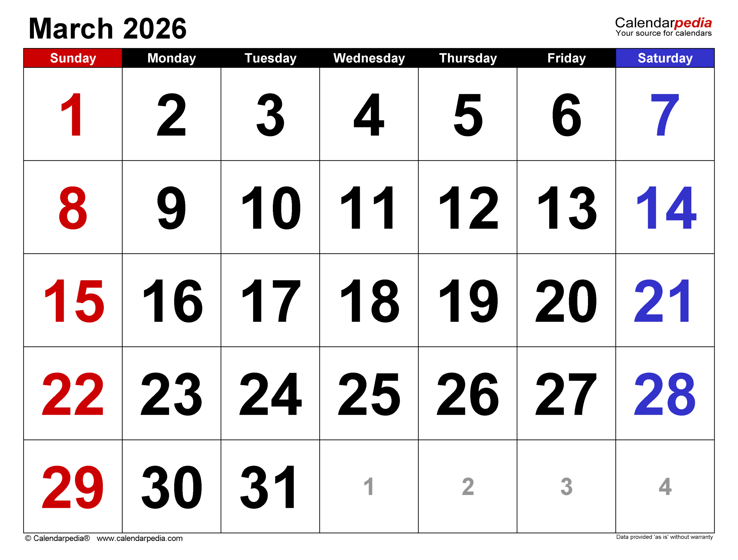 March 2026 Calendar | Templates For Pdf, Excel And Word with regard to March 2026 Calendar Printable Word