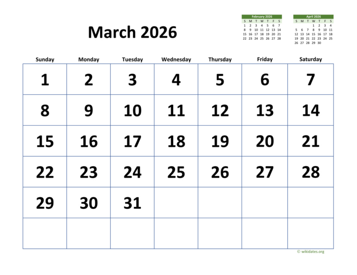 March Calendar 2026 Printable Free Wiki