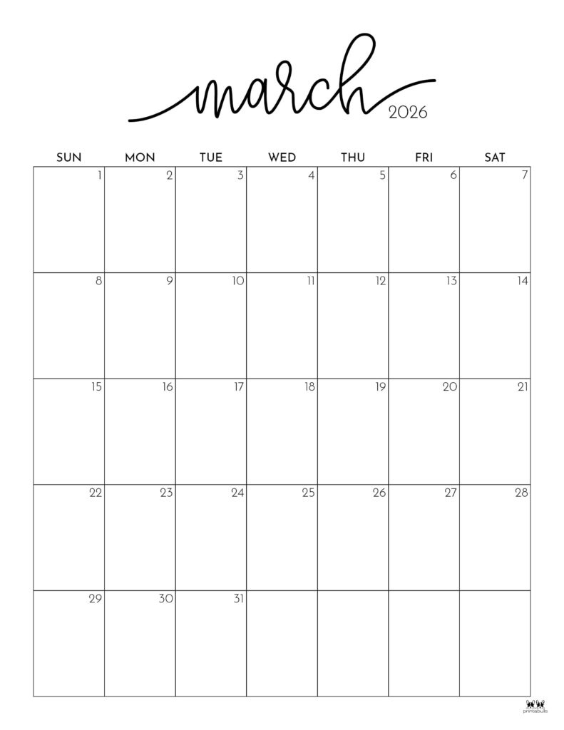 March 2026 Calendars - 150 Free Printables | Printabulls for March 2026 Monthly Calendar