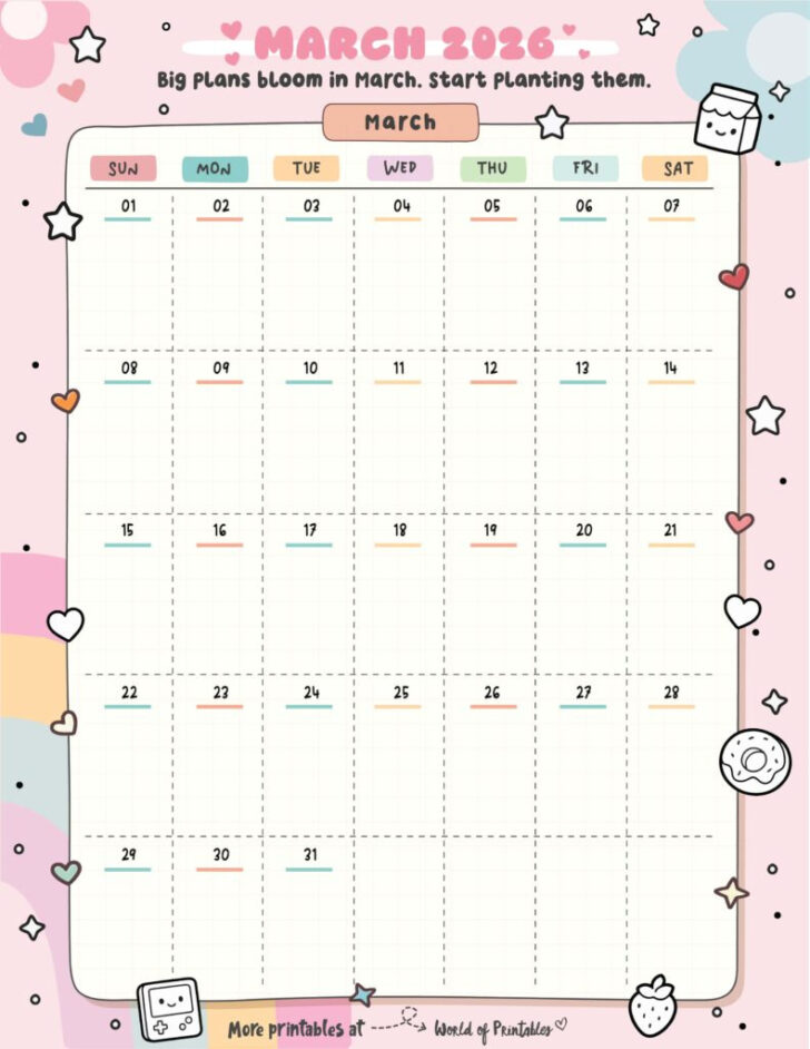 Cute Printable March 2026 Calendar