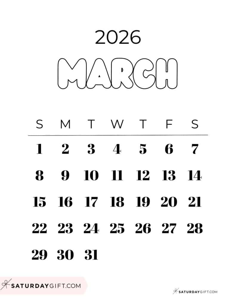 March 2026 Calendars - 23 Cute Free Printable Pdfssaturdaygift for March 2026 Calendar Cute
