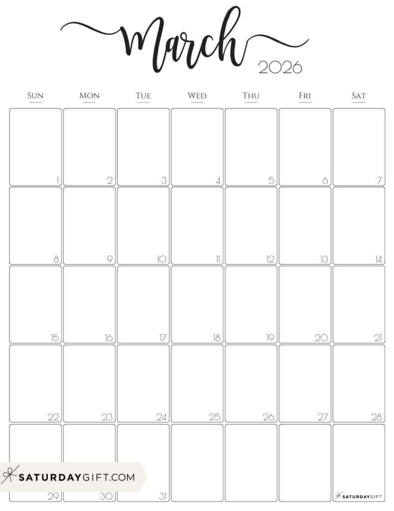 March 2026 Calendars - 23 Cute Free Printable Pdfssaturdaygift intended for March 2026 Calendar Printable Vertical