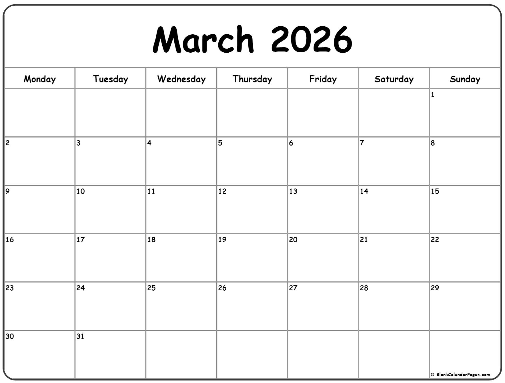 March 2026 Monday Calendar | Monday To Sunday within March Calendar 2026 Starting Monday