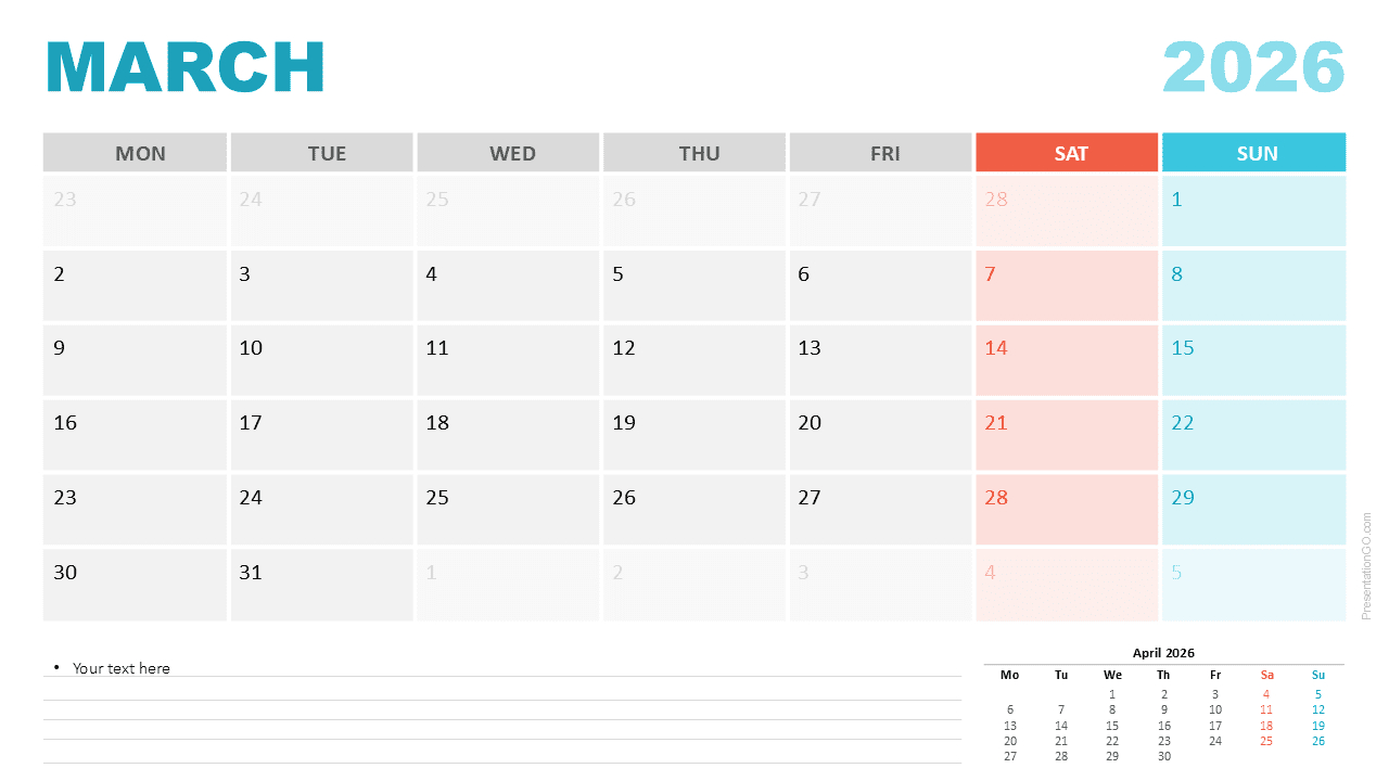 March 2026 Monthly Calendar For Powerpoint &amp;amp; Google Slides in Google Calendar March 2026 Printable