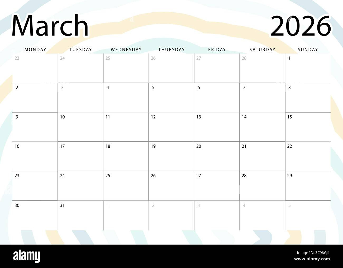 March 2026 Monthly Planner. Calendar Template. Monday Start for March Calendar 2026 Starting Monday