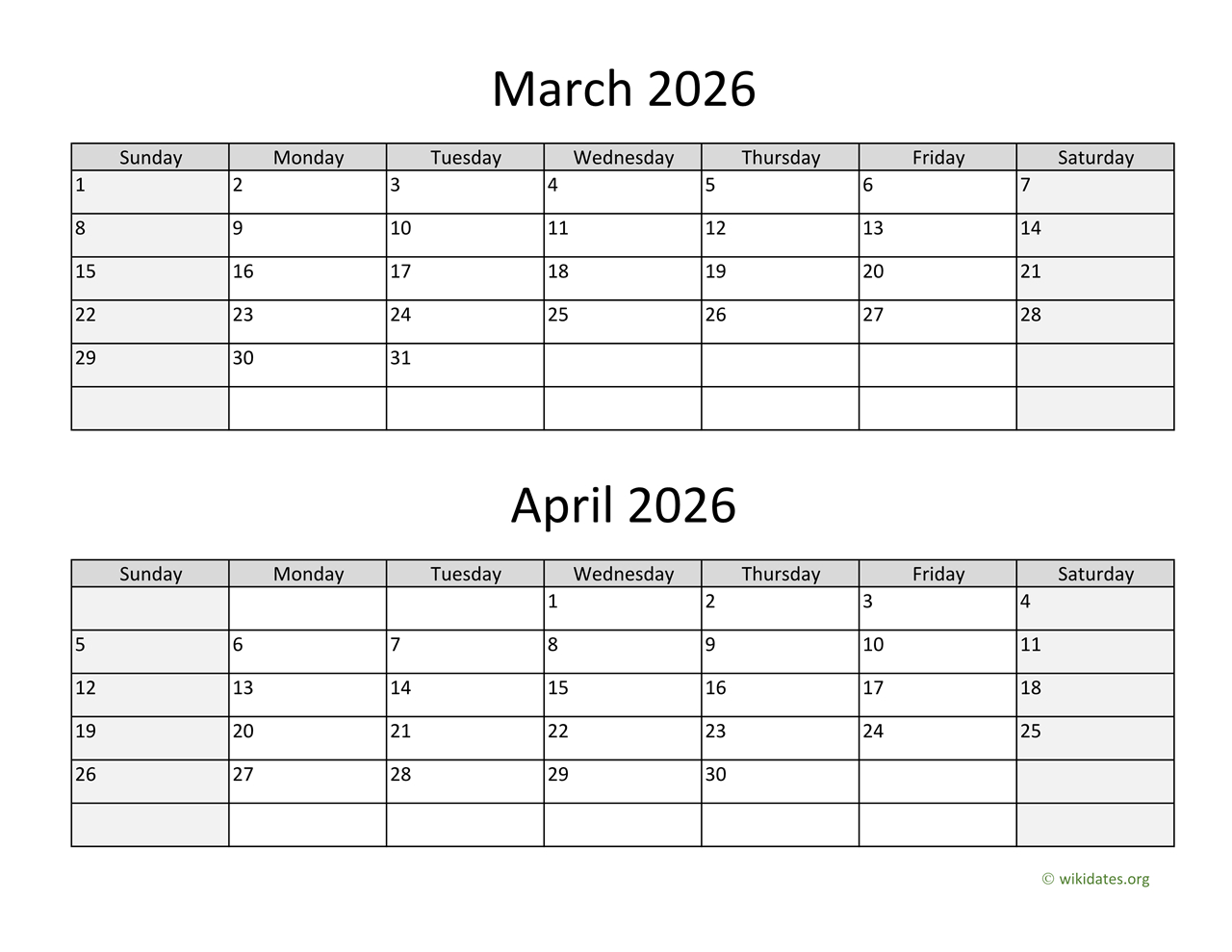 March And April 2026 Calendar | Wikidates with regard to Printable March And April 2026 Calendar