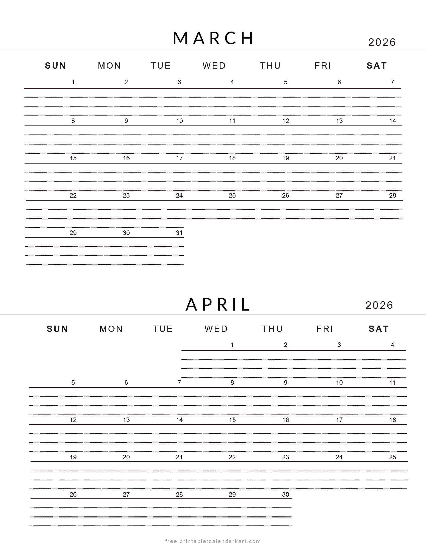 March April 2026 Calendars - Free Printable Pdfs - Calendarkart for Free Printable Calendar March April May 2026