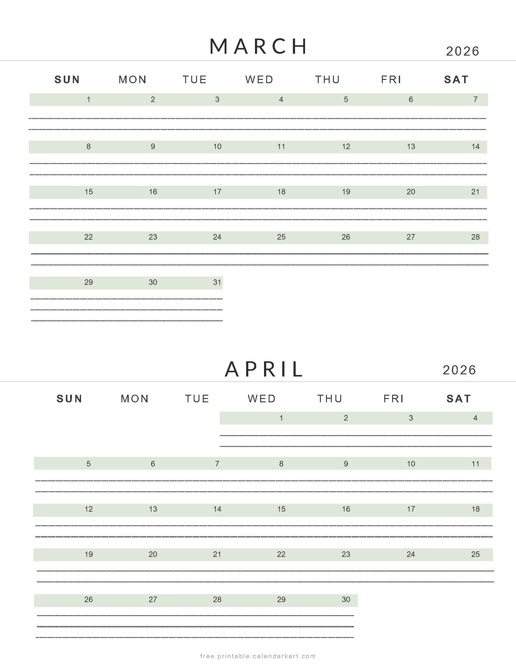 March April 2026 Calendars - Free Printable Pdfs - Calendarkart with Free Printable Calendar April 2026 to March 2026
