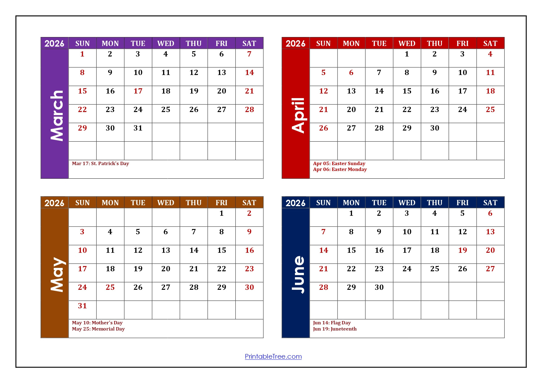 March To June 2026 Calendar Printable Pdf | Four Month Calendar within Calendar March to June 2026