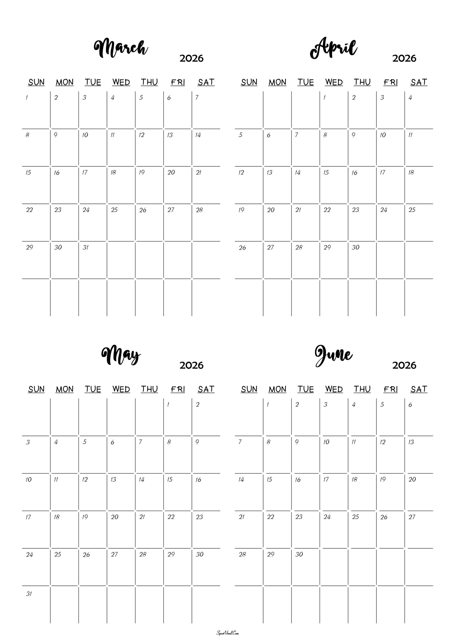 March To June 2026 Calendar Templates- Spootviral within March Through June 2026 Calendar