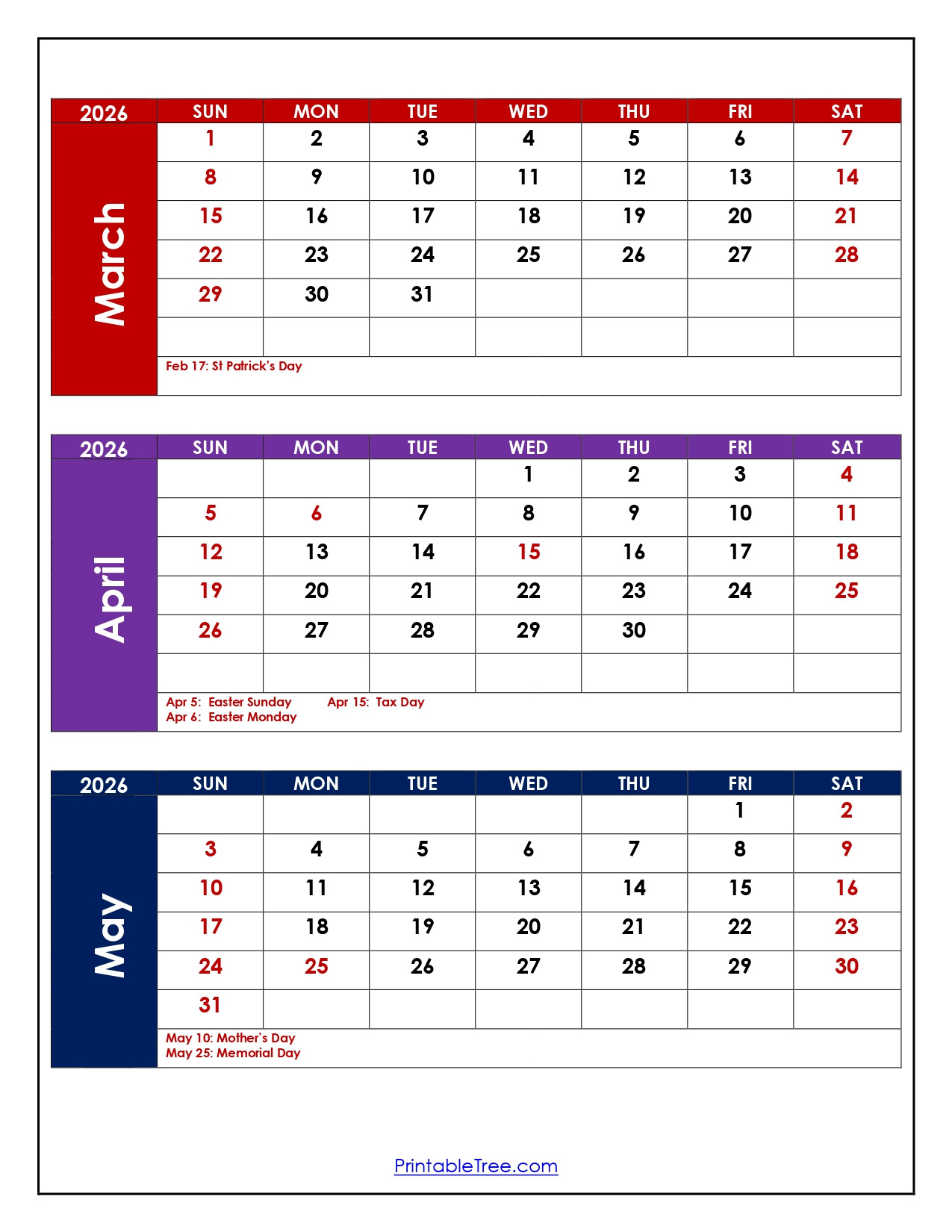March To May 2026 Calendar | Three Month Calendar pertaining to Printable Calendar March April May 2026