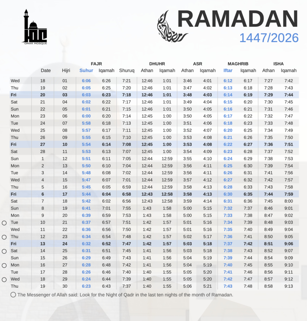 Masjid Omar throughout Ramadan Calendar 2026 Ohio