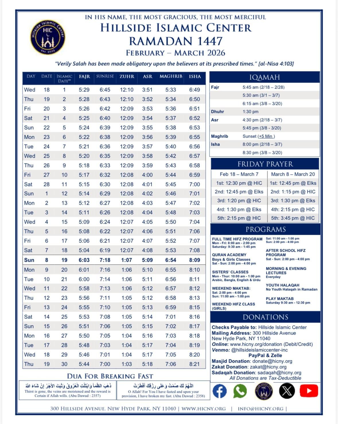 Monthly Prayer Time | Hillside Islamic Center - Renew Your Faith! regarding Ramadan Calendar 2026 New York