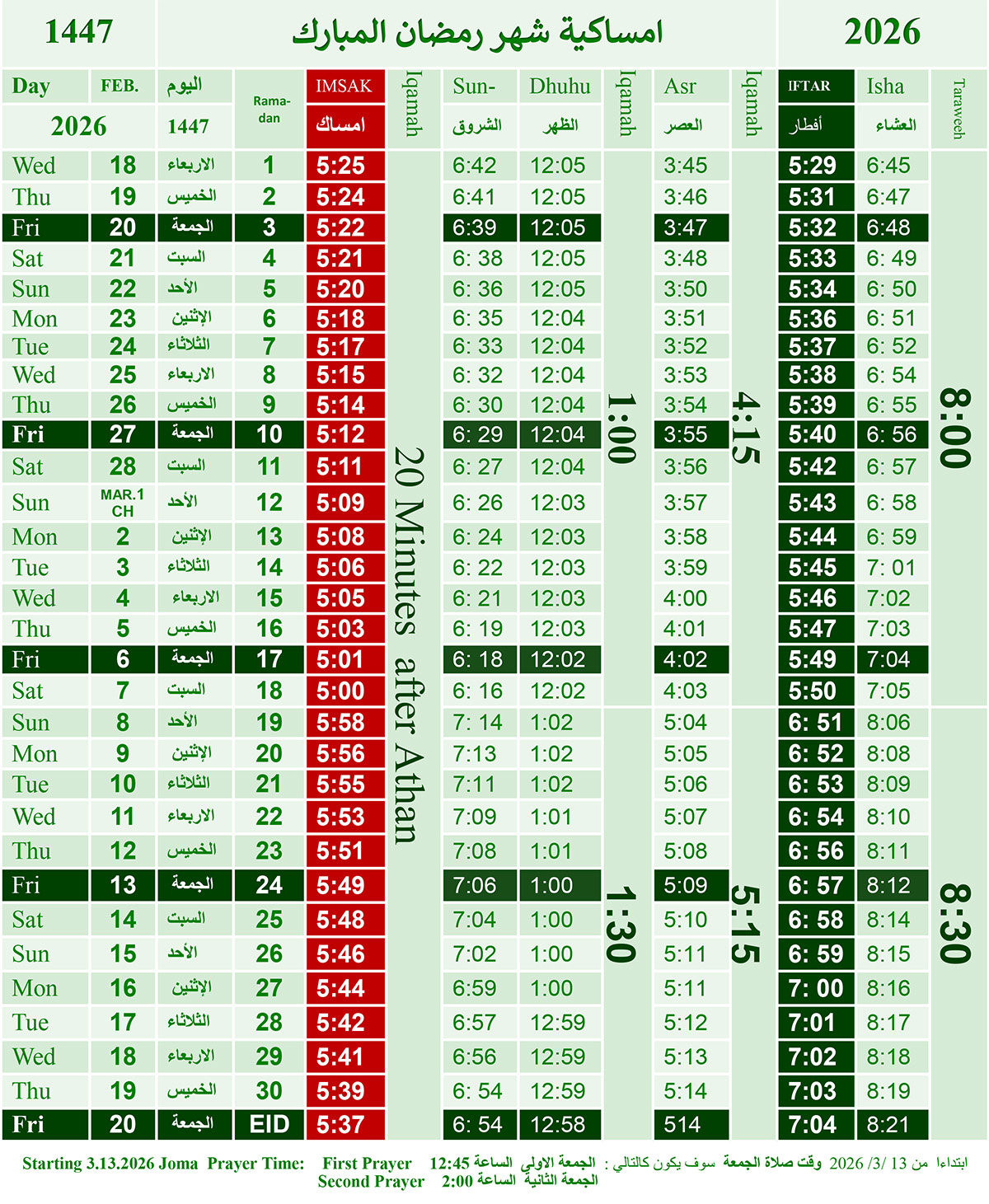 Monthly Prayer Times Sheet – Islamic Community Center Of Illinois with Ramadan Calendar 2026 Chicago