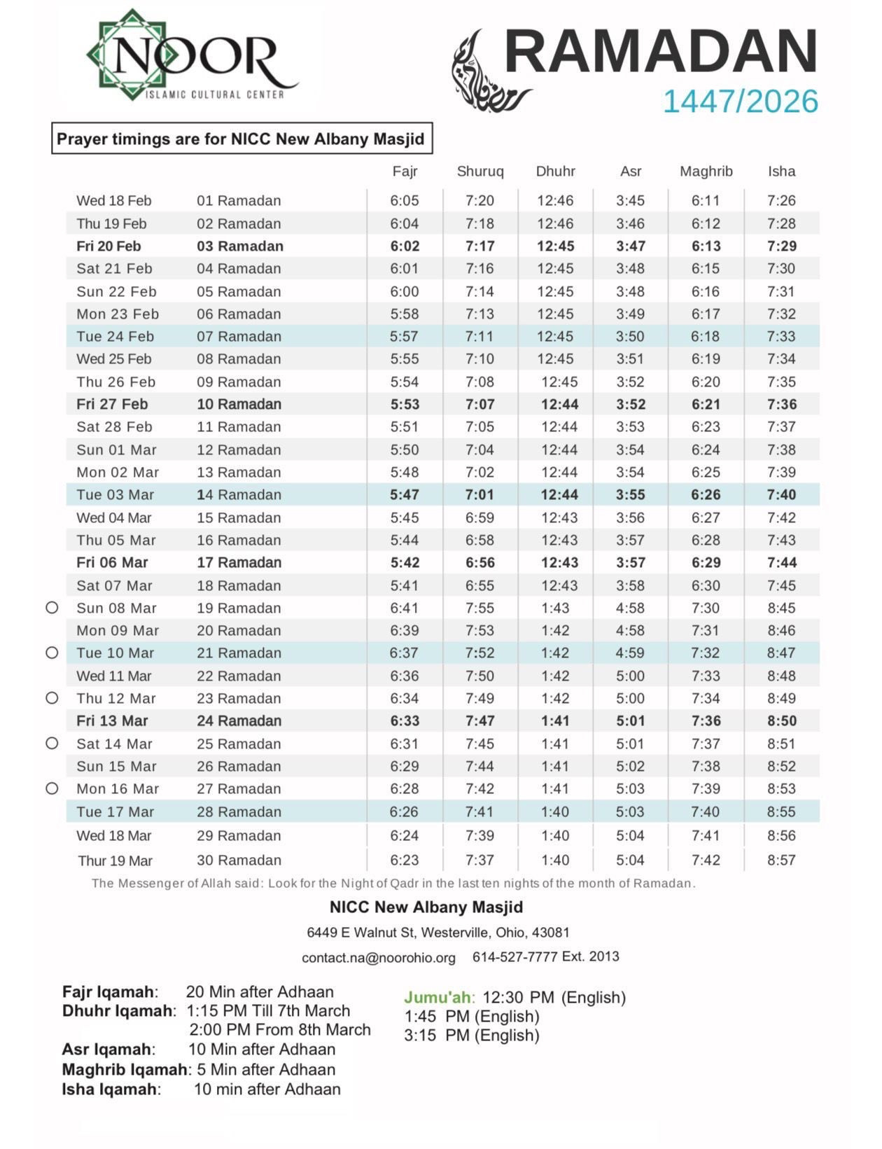 Noor Islamic Cultural Center inside Ramadan 2026 Calendar Columbus Ohio