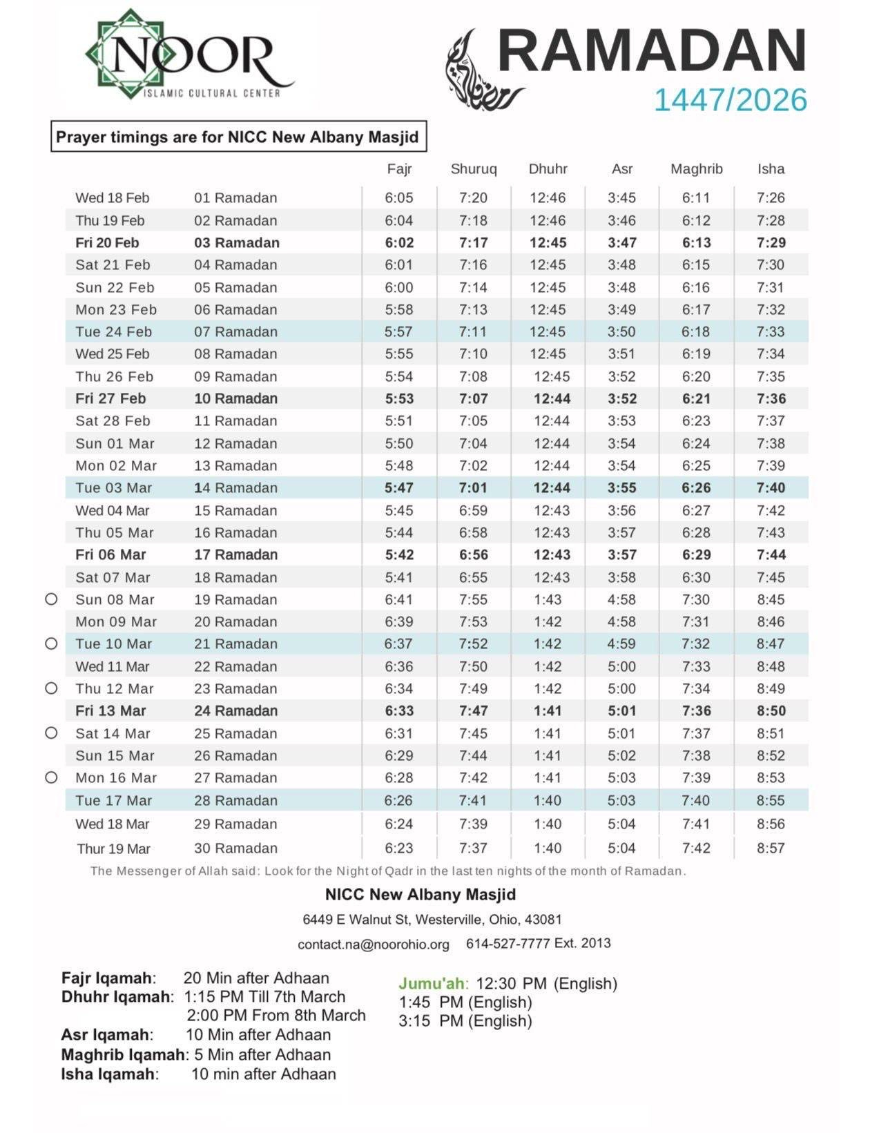 Noor Islamic Cultural Center pertaining to Ramadan Calendar 2026 Ohio