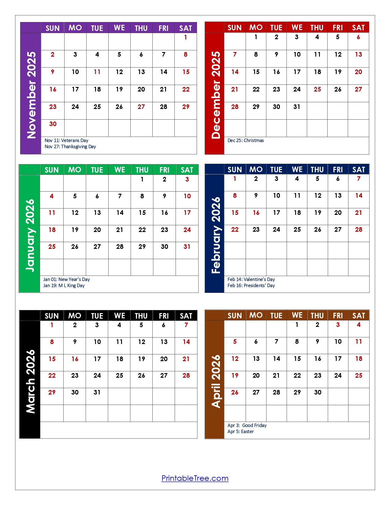 November To April 2026 Calendar Printable Pdf | Six Months Calendar with Calendar November 2025 to March 2026